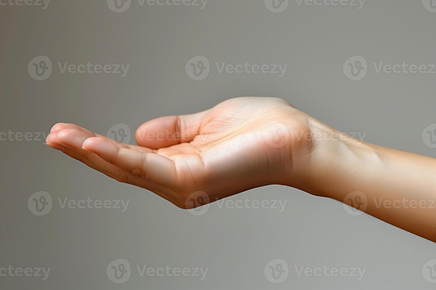AI generated Female hand on gray background. Close up of female hand gesturing photo