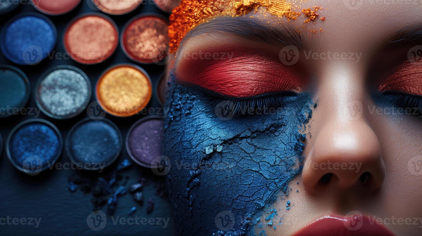 AI generated Close-up portrait of a beautiful young woman with bright make-up and eyeshadow palette. photo