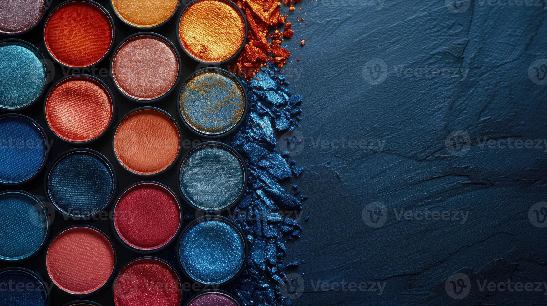 AI generated Colorful eye shadows palette on dark blue background with copy space. photo