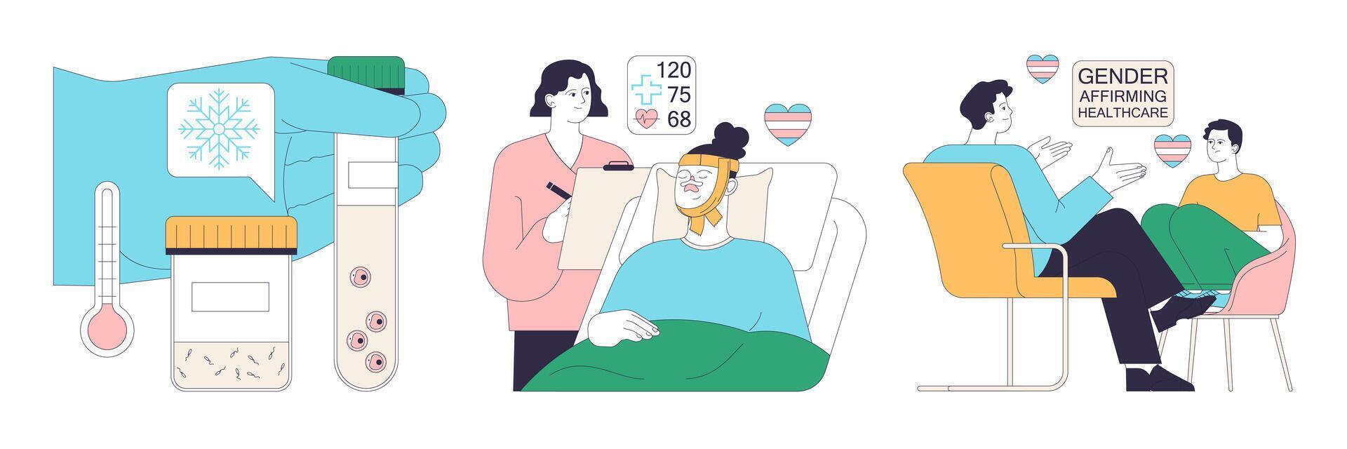 Gender transition process set. Gender-affirming therapy for transgender vector