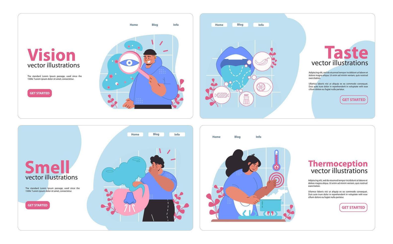 Interactive senses web banners set. Showcasing vision, taste, smell. vector
