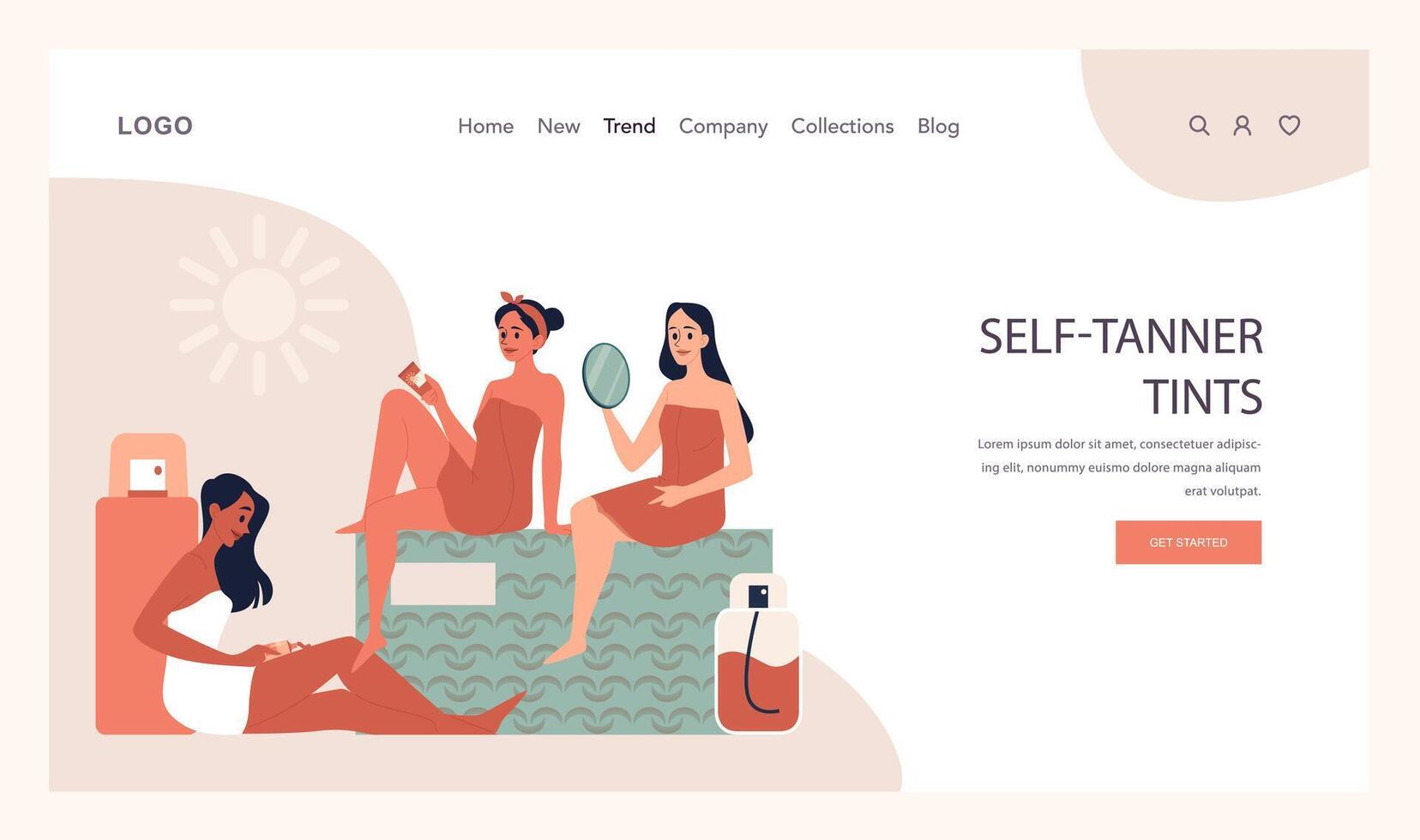 Self-tan web banner or landing page. Beautiful woman applying self-tanner vector