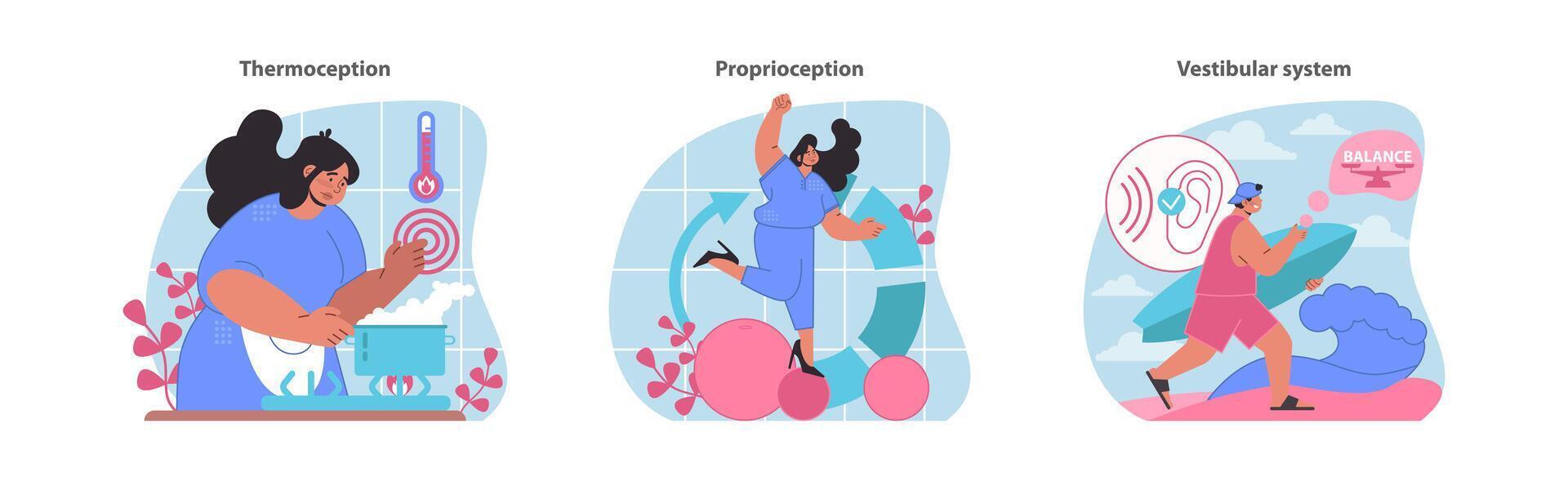 Sensory systems set. Depicting thermoception, proprioception. vector