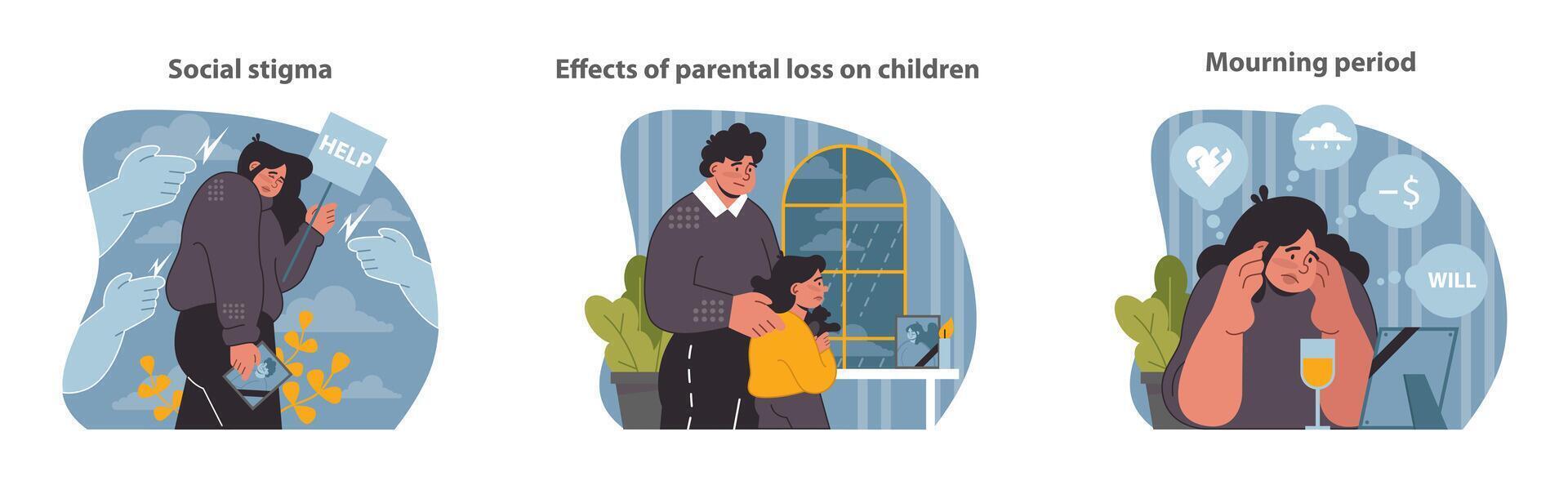 Widowhood phases. Confronting social stigma, nurturing children post-loss. vector