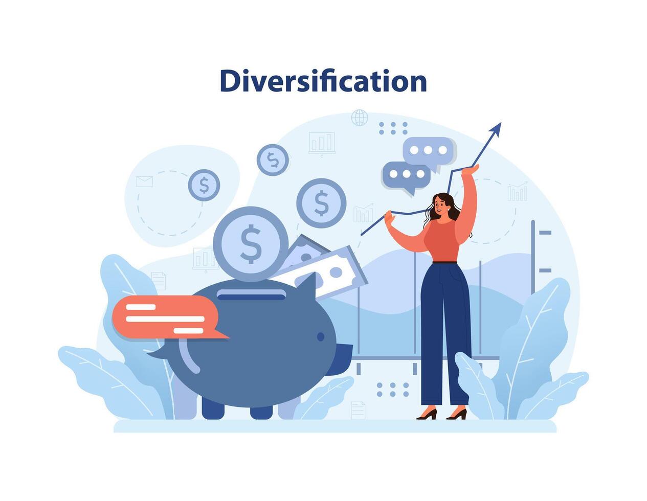 abrazando diversificación en ahorros.. plano vector ilustración.