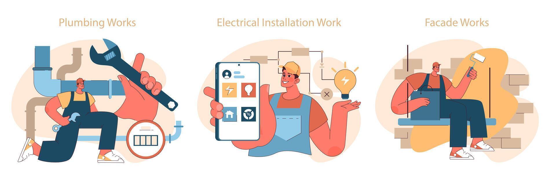 Construction work set. Workers engaged in plumbing, electrical, and facade vector