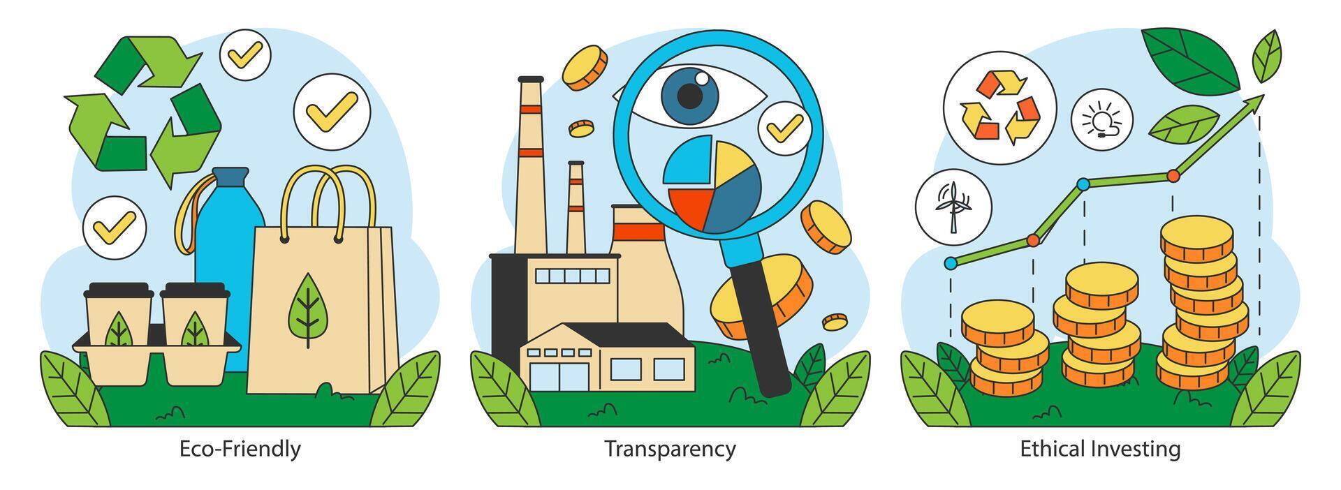 ético consumo trio.plano vector ilustración.