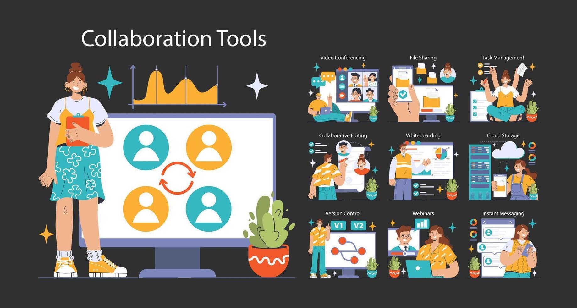 Collaboration tools dark or night mode set. Diverse professionals using vector