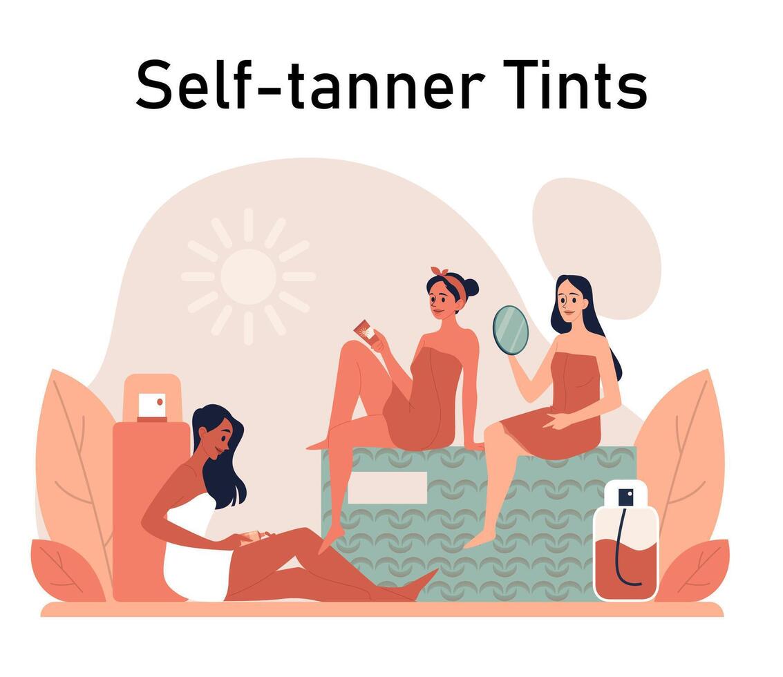 Self-tan set.. Beautiful woman applying self-tanner lotion. Artificial tan vector