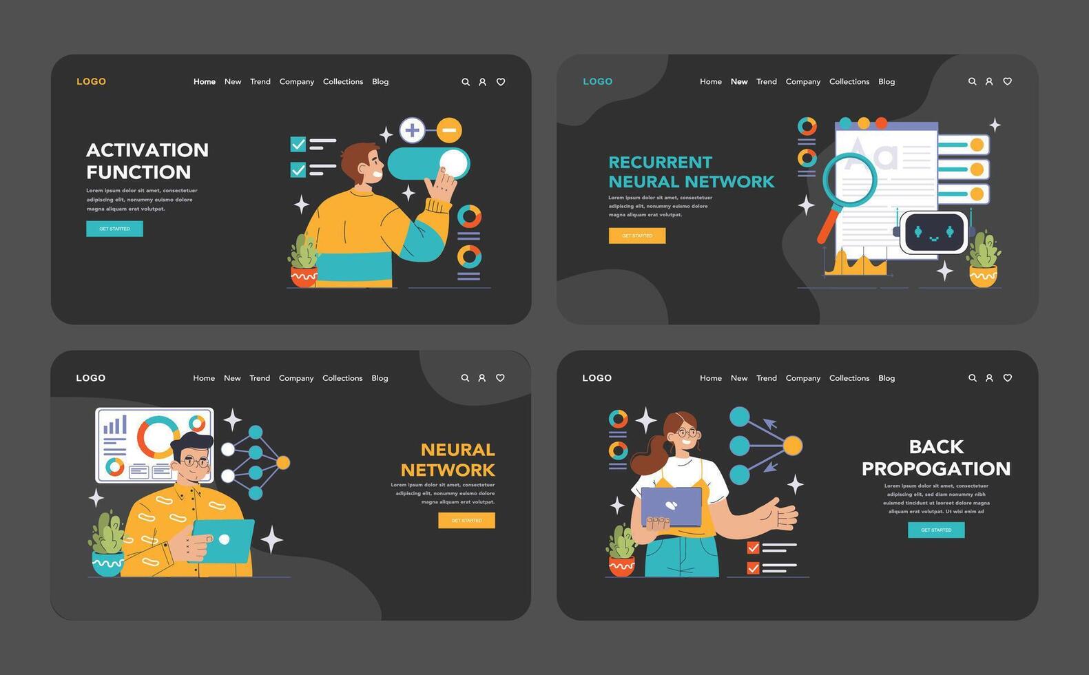 Neural Network dark or night mode web or landing set. Machine learning vector