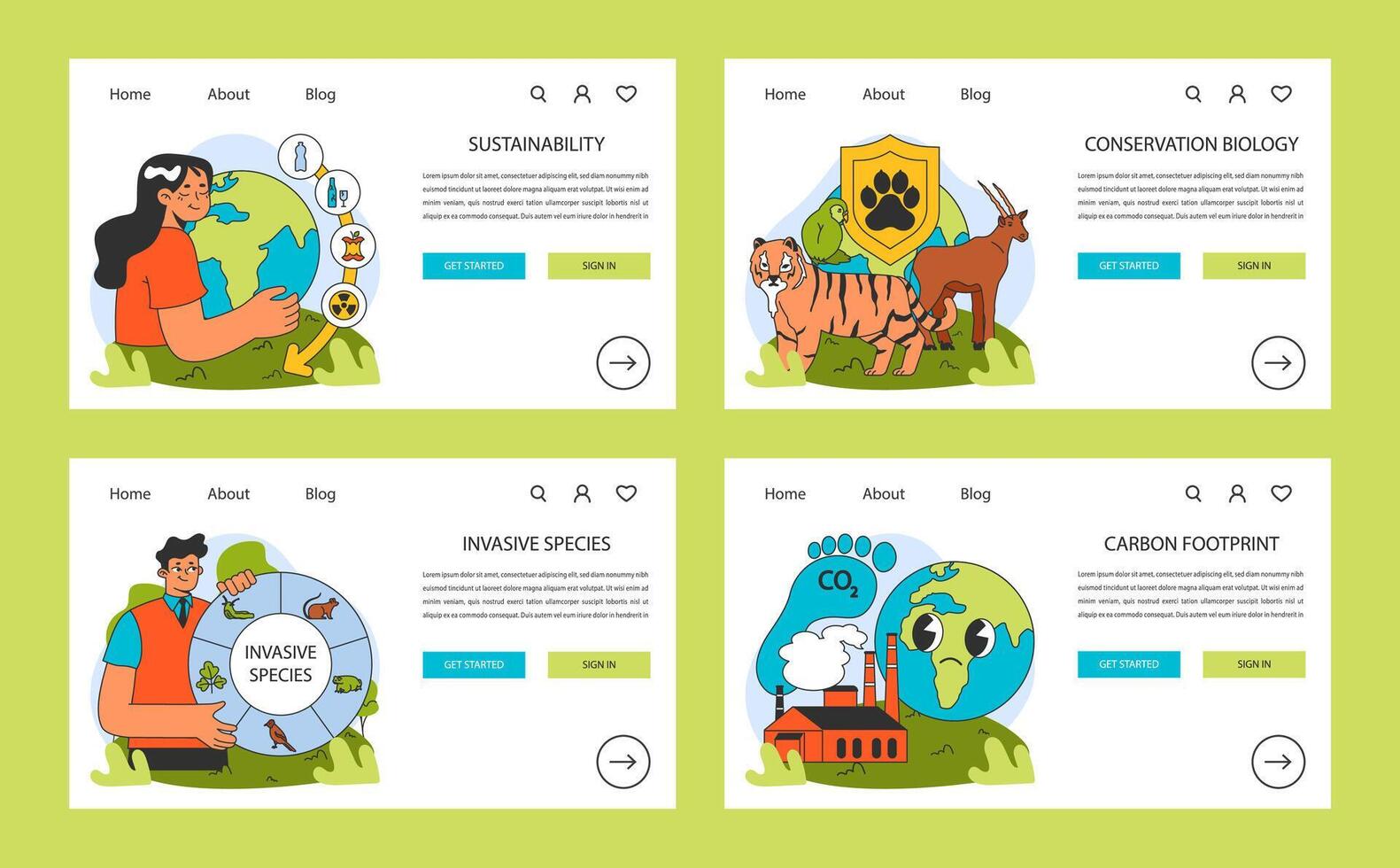 Ecology research web banner or landing page set. Human influence vector