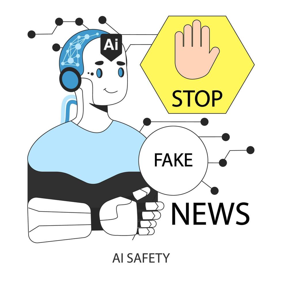 AI ethics. AI robotics character recognize and filter fake news, propaganda vector