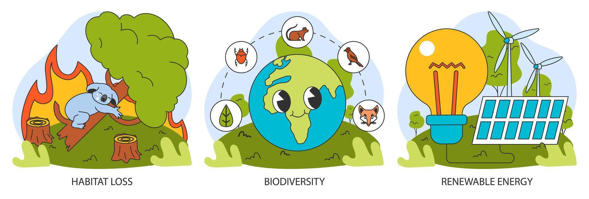 Ecology research set. Human influence, environmental challenges analysis areas vector