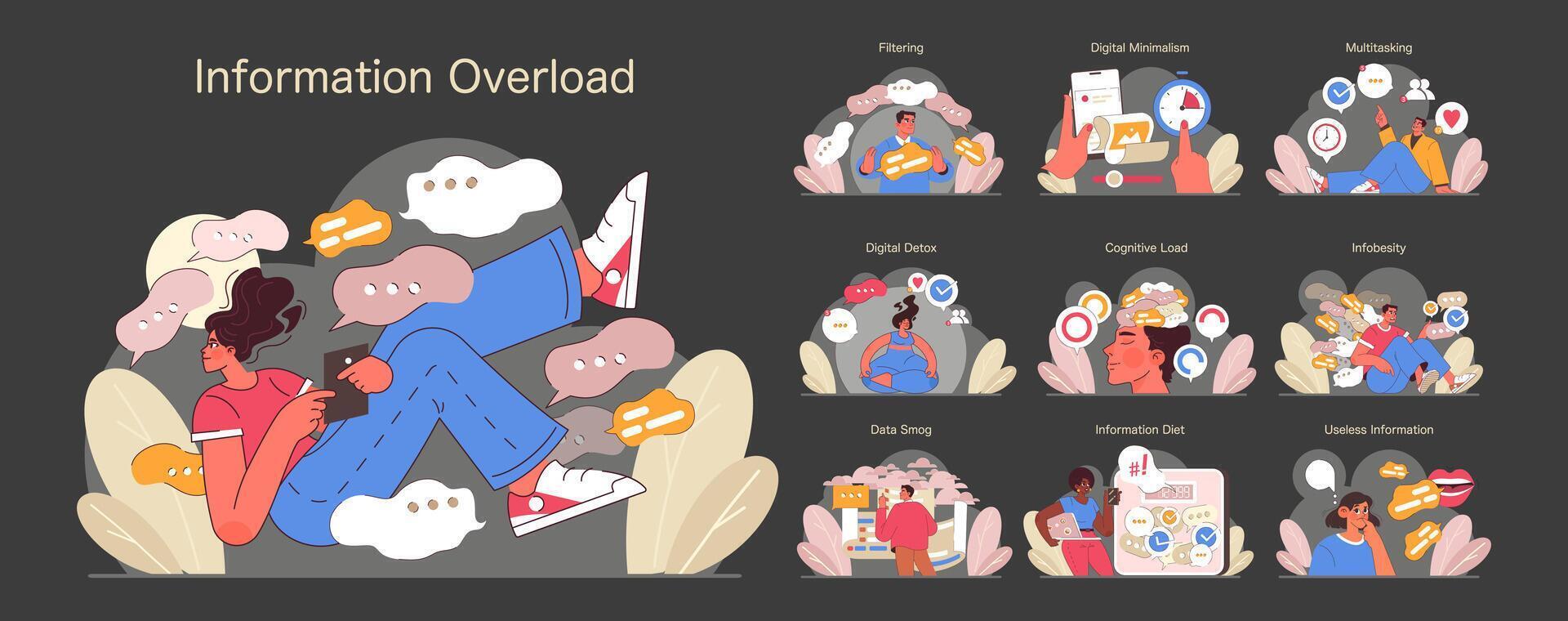 Information Overload concept set. Flat vector illustration