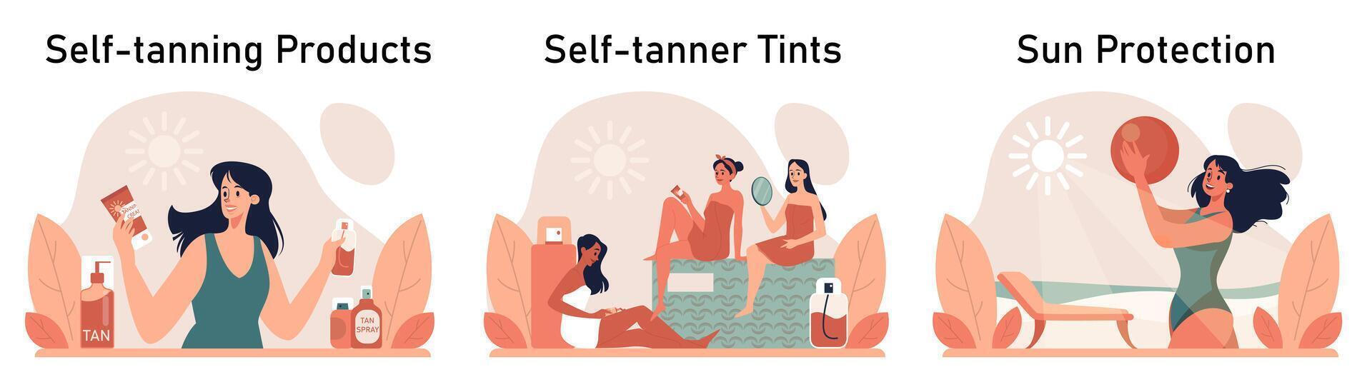 Self-tan set.. Beautiful woman applying self-tanner lotion. Artificial tan vector