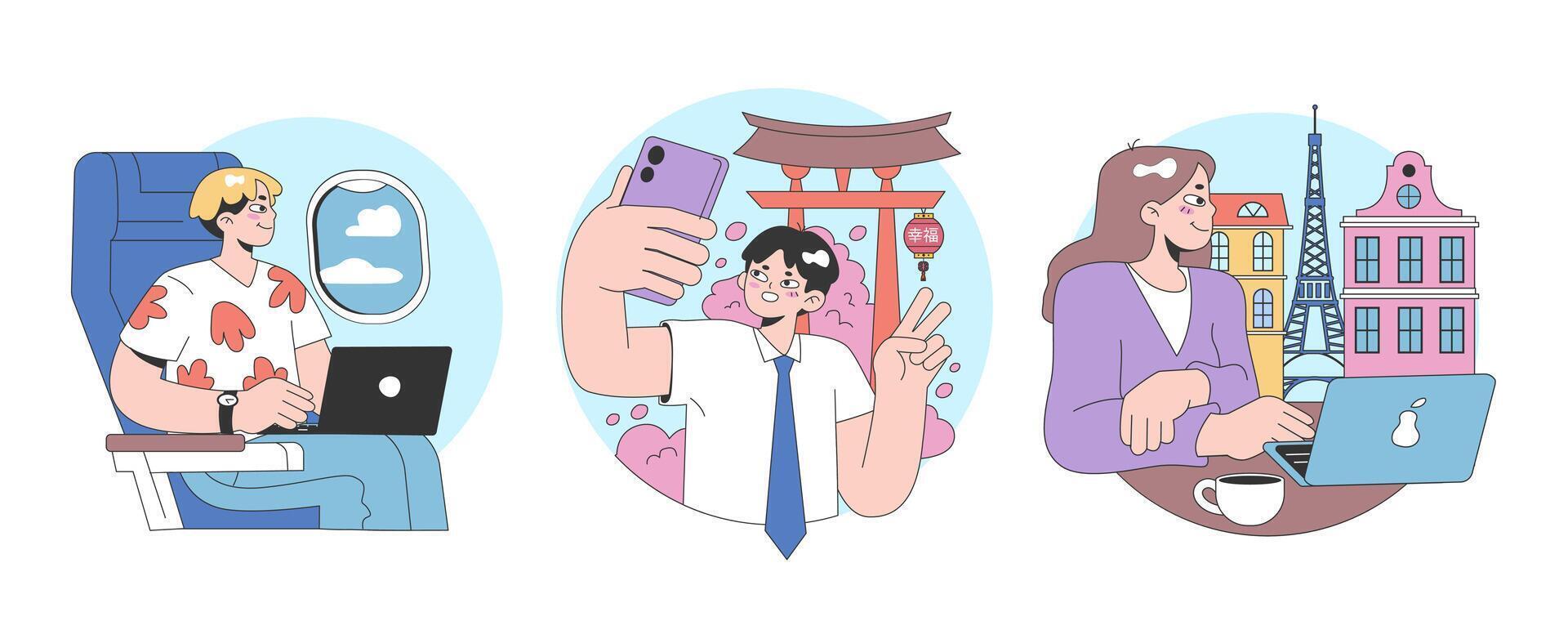 Bleisure travel set. Business and sightseeing trip. Workation, digital vector