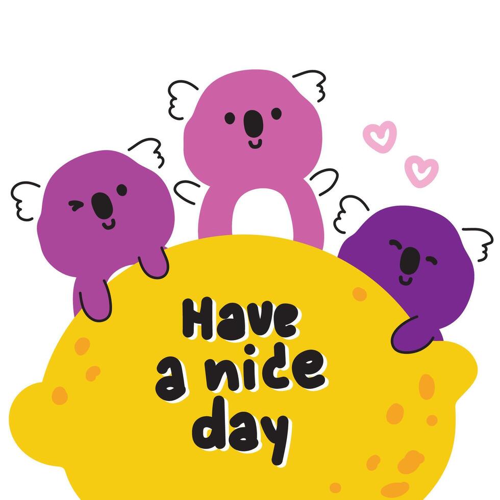 Cute happy koala bear with lemon on white background.Line hand drawn style.Wild animal character cartoon.Have a nice day.Summer fruit.Kawaii.Vector.Illustration. vector