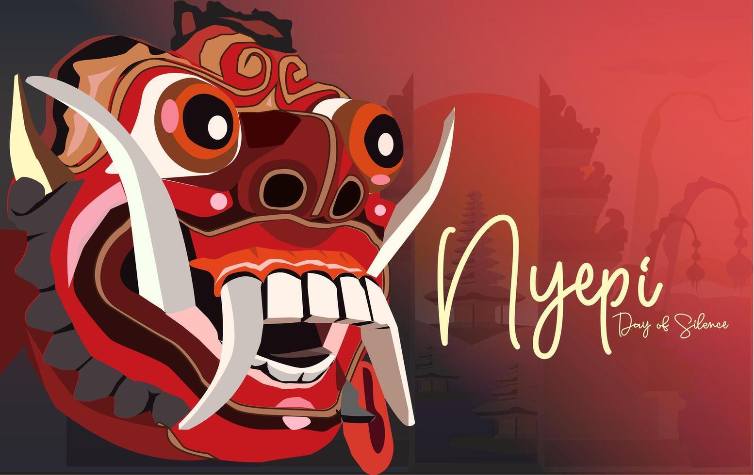 vector face mask barong doll mythological statue scary Balinese lion creature celebrating Nyepi Day background beautiful view bali island