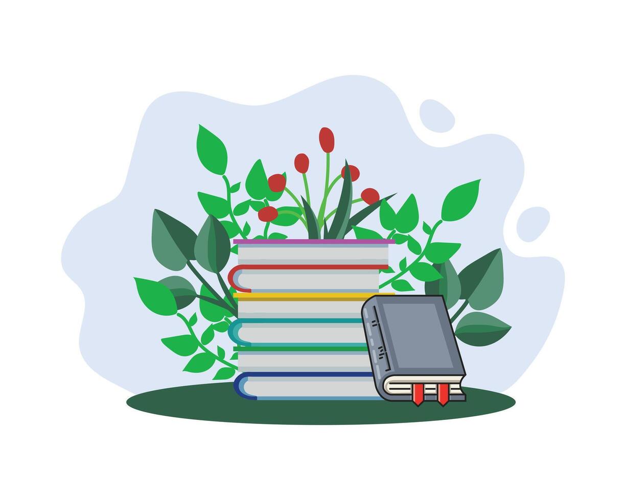 Hand drawn stack of books illustration with pant decoration vector