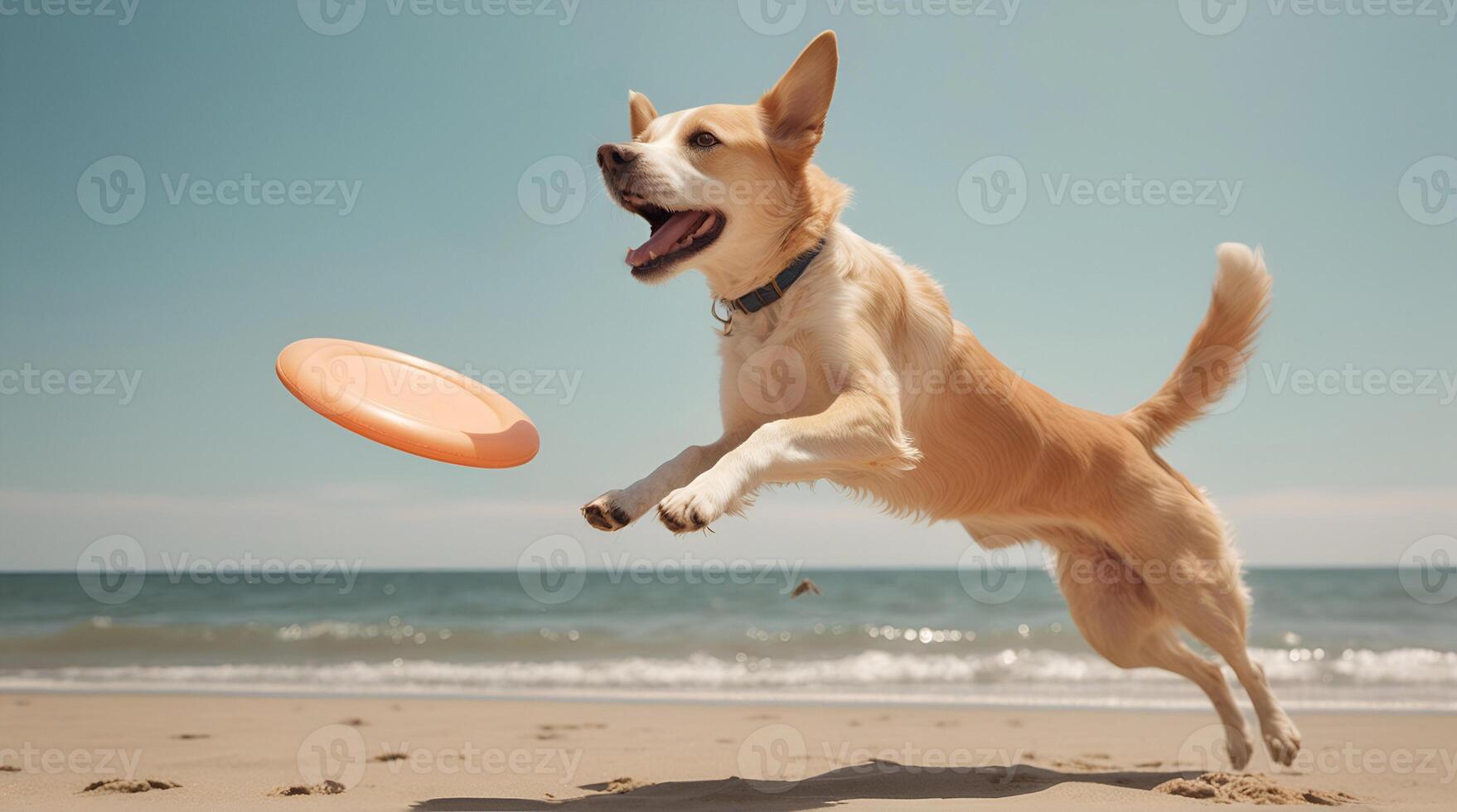 AI generated A dog catching a frisbee mid-air at a dog-friendly beach, capturing the playful energy of a summer day. ai generative photo