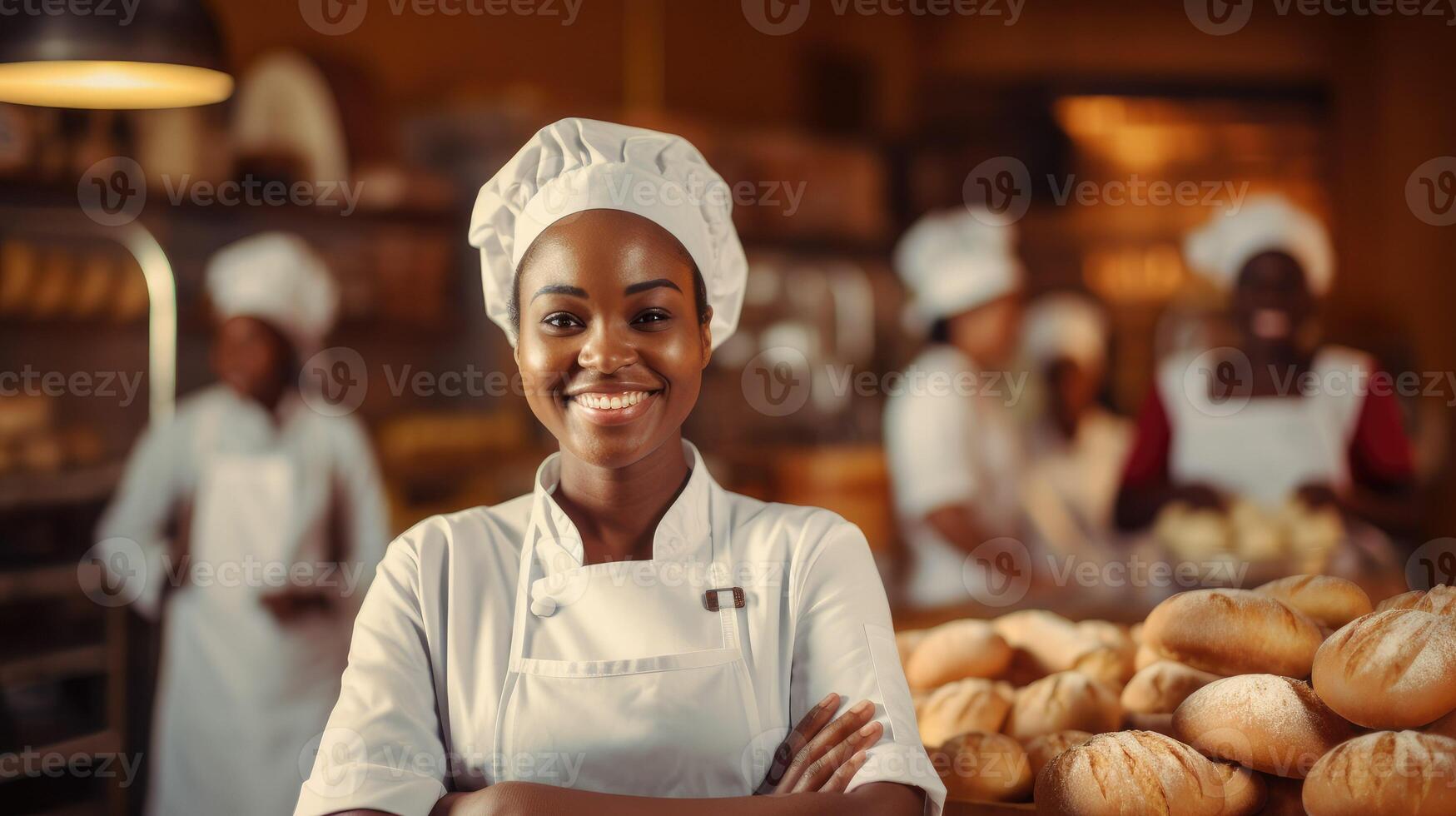 ai generado sonriente africano hembra panadería mirando a camara..chefs panadero en un cocinero vestir y decir ah, foto