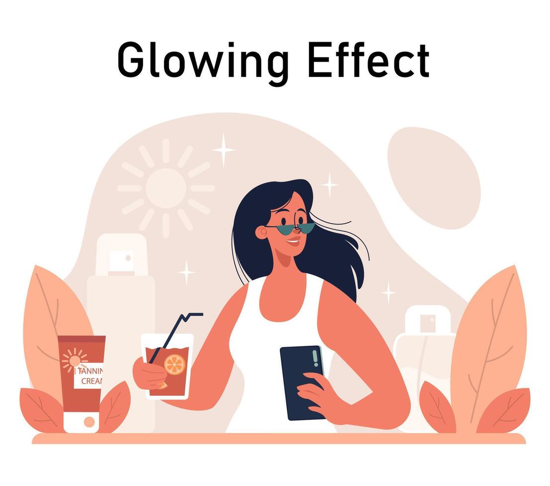Self-tan set.. Beautiful woman applying self-tanner lotion. Artificial tan vector