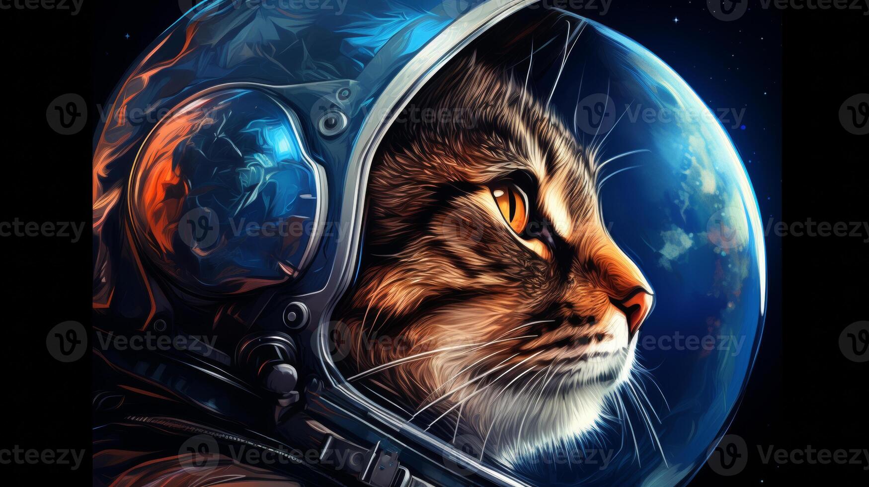 AI generated A cat in an astronaut helmet gazes into space, with Earth reflected in the visor, set against a starry backdrop photo
