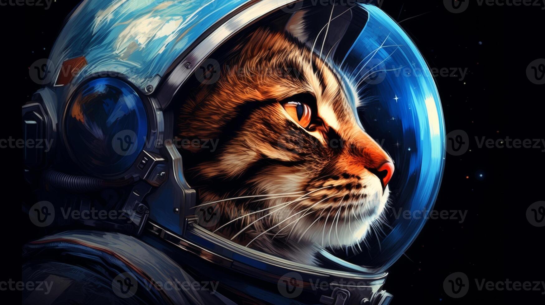 ai generado un gato en un astronauta casco miradas dentro espacio, con tierra reflejado en el visera, conjunto en contra un estrellado fondo foto