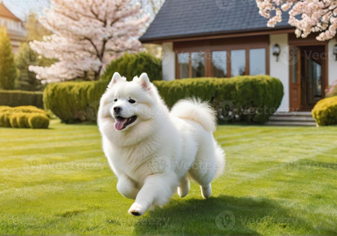 ai generado linda Samoyedo corriendo en el césped fuera de un hermosa hogar. es un soleado primavera día. foto