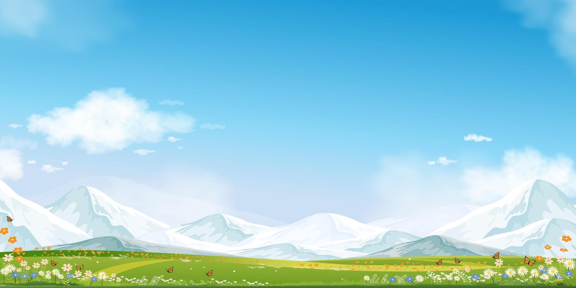Spring Background with Clear Sky Blue ,Cloud,Grass field,Flower on Hill and Forest Tree in Village,Vector Cartoon Summer landscape peaceful rural nature in the park,Panoramic Banner for Easter vector