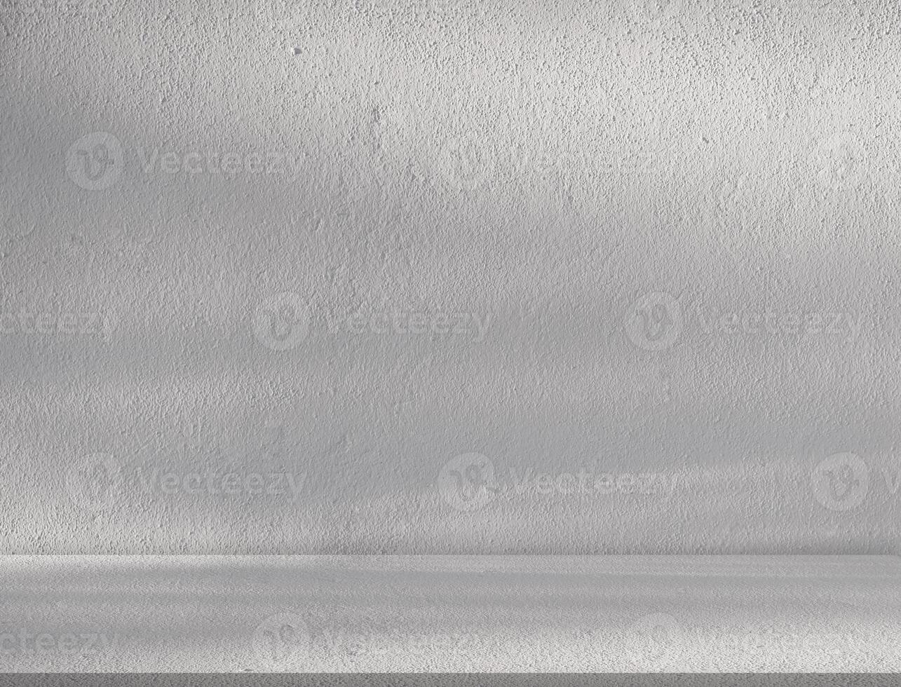 antecedentes blanco pared estudio cocina con luz de la sombra en cemento piso superficie textura, telón de fondo vacío gris habitación con podio monitor parte superior estante barra, en blanco hormigón con luz de sol para producto presente foto