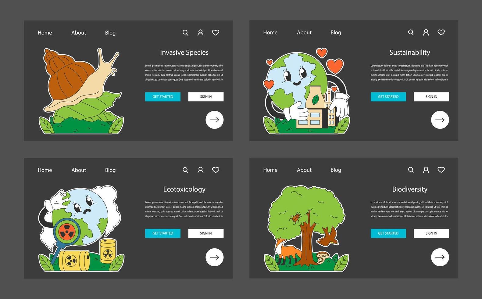Ecology night or dark mode web banner or landing page set. Human vector