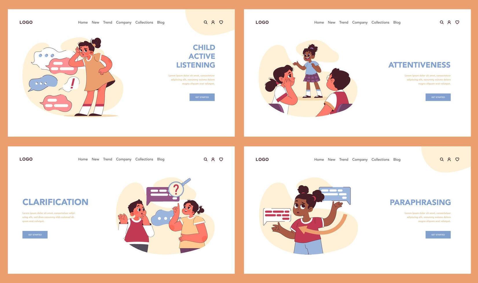 Active listening set. Child practices communication skills. Attentiveness, vector