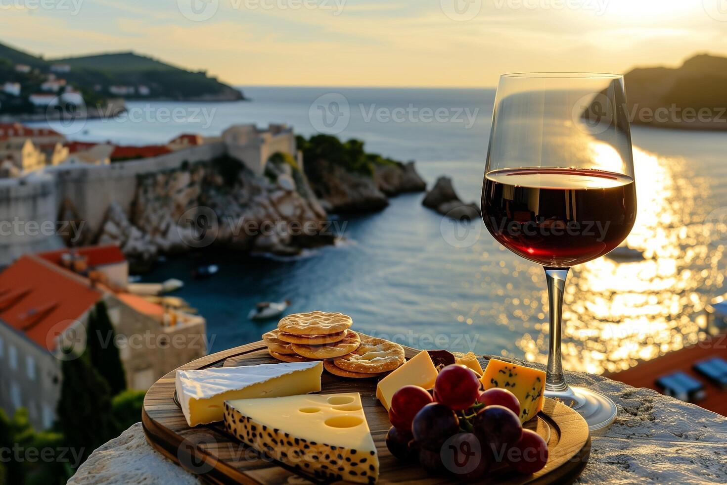 AI generated Gourmet Cheese Platter with Plavac Mali Red Wine Overlooking a Serene Mediterranean Seascape photo