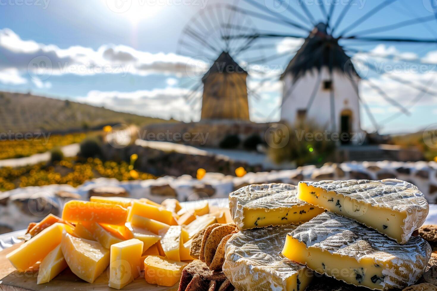 AI generated Traditional Manchego Cheese Platter Overlooking the Iconic Windmills of Consuegra, Ideal for Culinary and Travel Themes photo