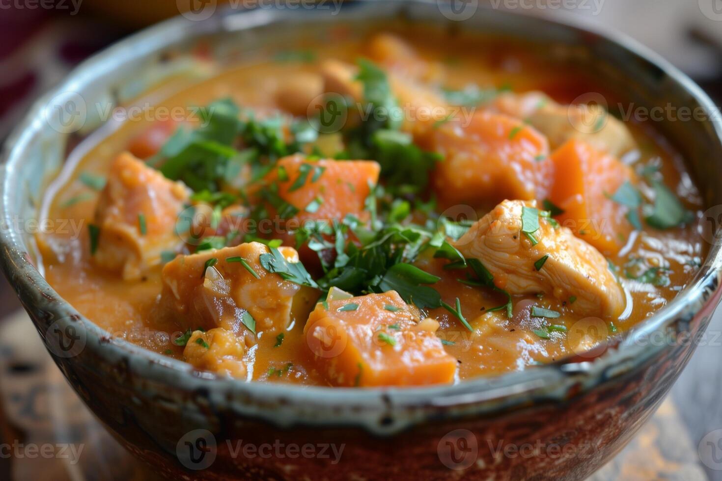 AI generated Hearty Malian Peanut Stew 'Tigadegena' with Chicken and Vegetables, a West African Culinary Specialty photo