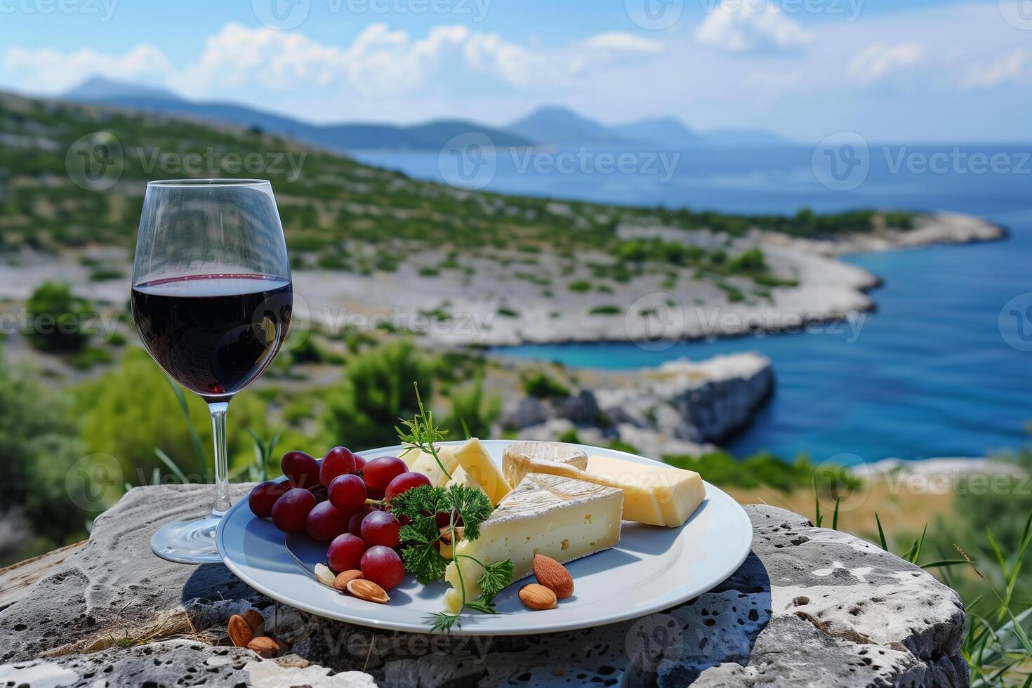 AI generated Gourmet Cheese Platter with Plavac Mali Red Wine Overlooking a Serene Mediterranean Seascape photo