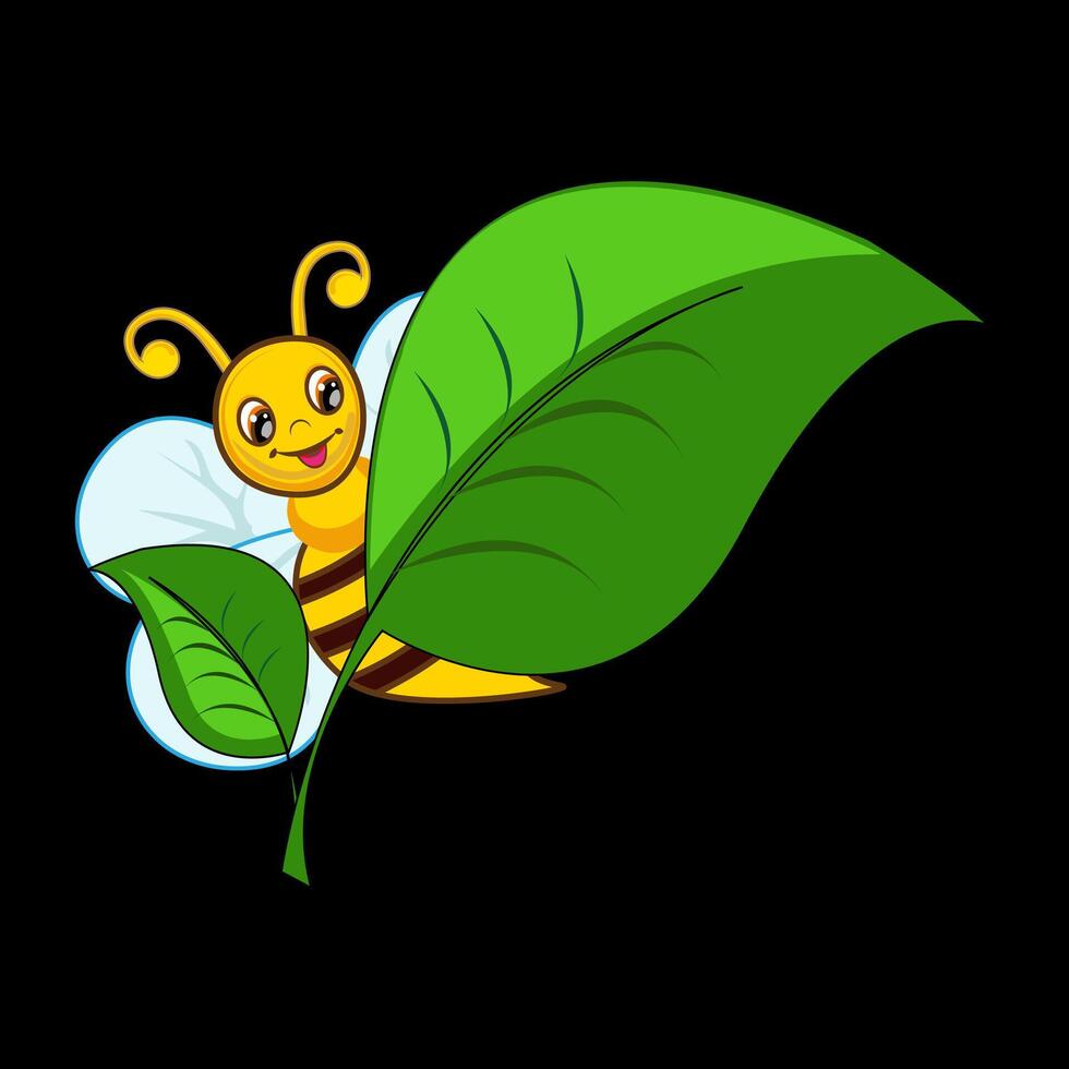 Cartoon Bee peeping behind a big leaf vector