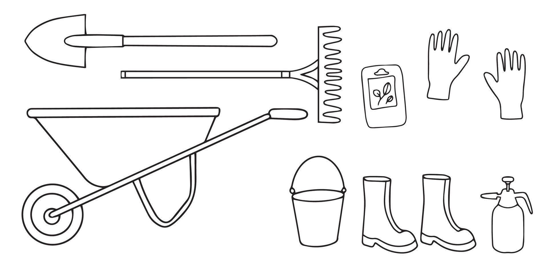 Set of gardening tools draw vector elements. Hand shovel, rake, bucket, rubber boots,gloves, seeds, wheelbarrow isolated on white. Vector.