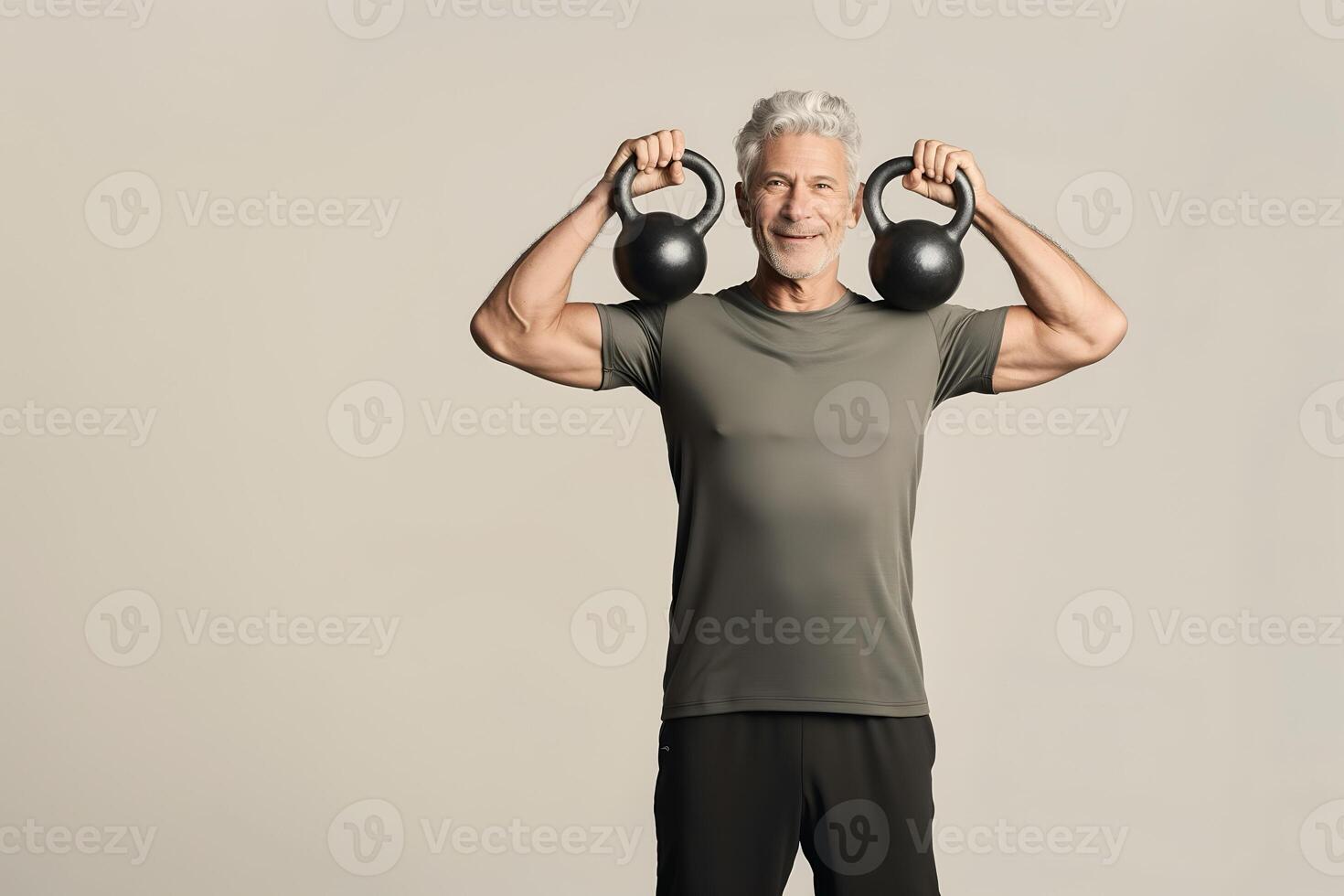 AI generated Senior Caucasian man doing exercise with kettlebell photo