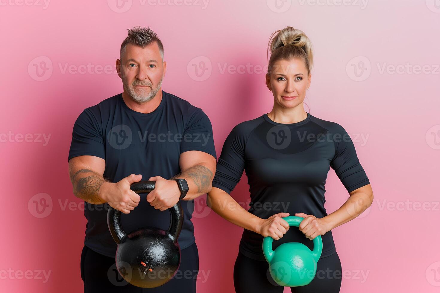 AI generated Senior Caucasian man and woman doing exercise with kettlebell photo