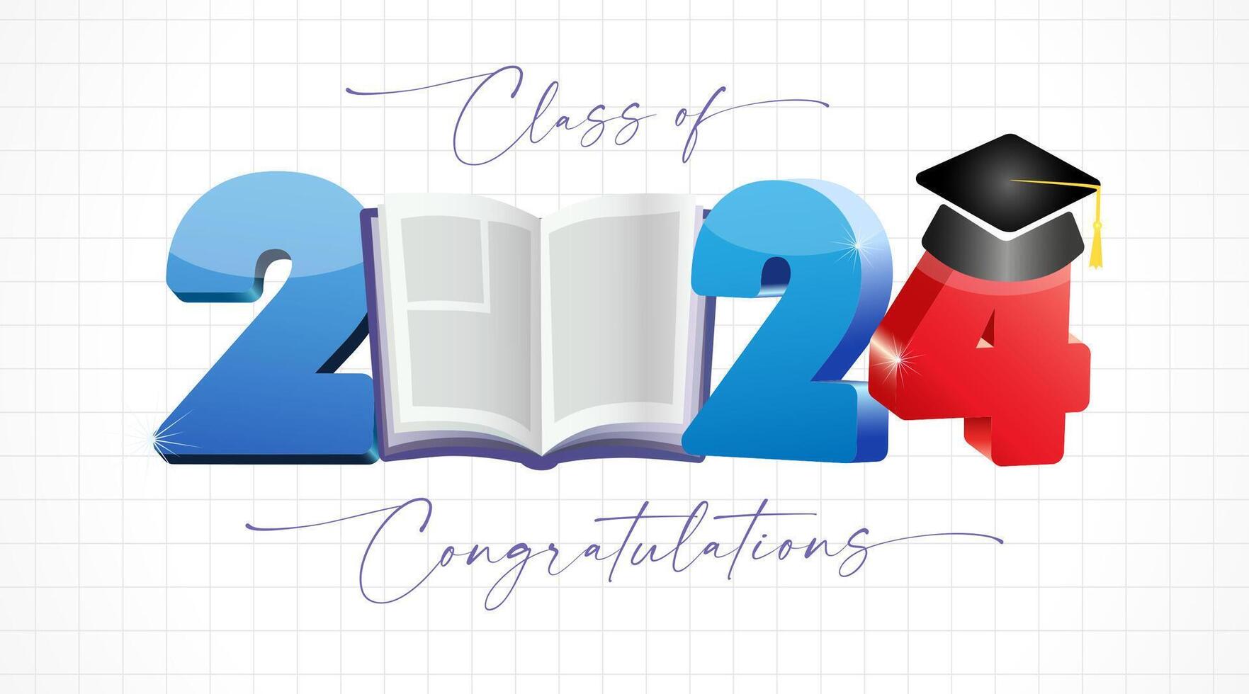 Class of 2024 congratulatios, greetation postcaring card concept. Invitation postcard design. Checkered notebook backdrop with clipping mask. Open 3D book and number with academic hat. Vector image.