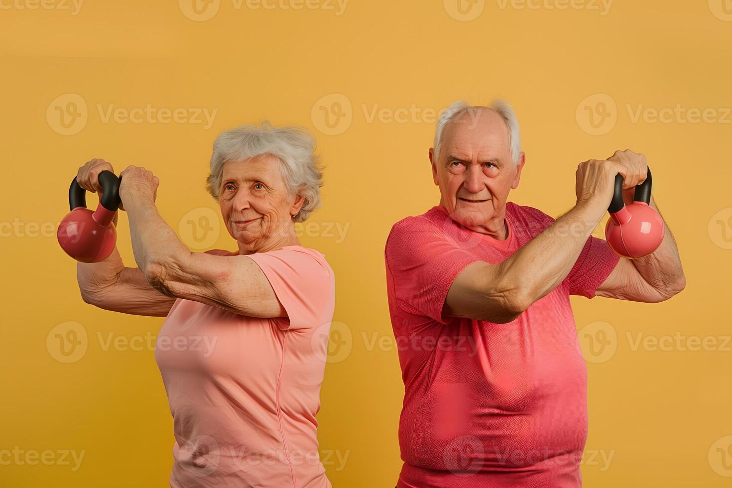 AI generated Senior Caucasian man and woman doing exercise with kettlebell photo