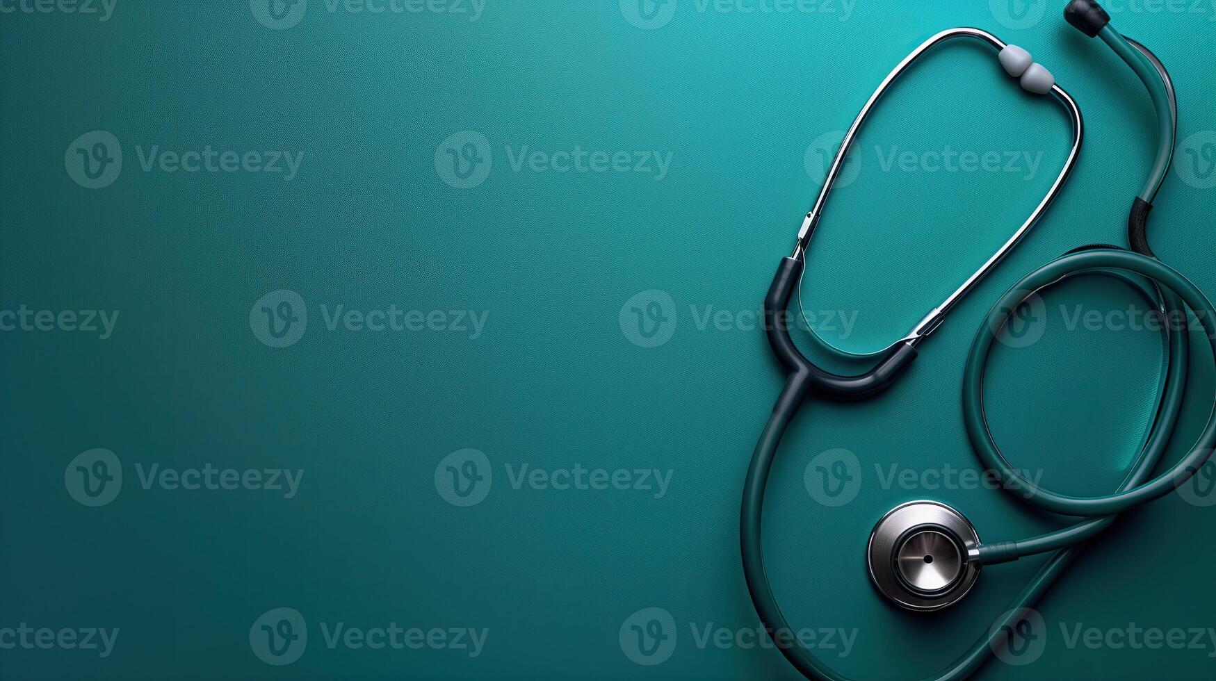 AI generated Medical stethoscope on green background. Top view with copy space photo