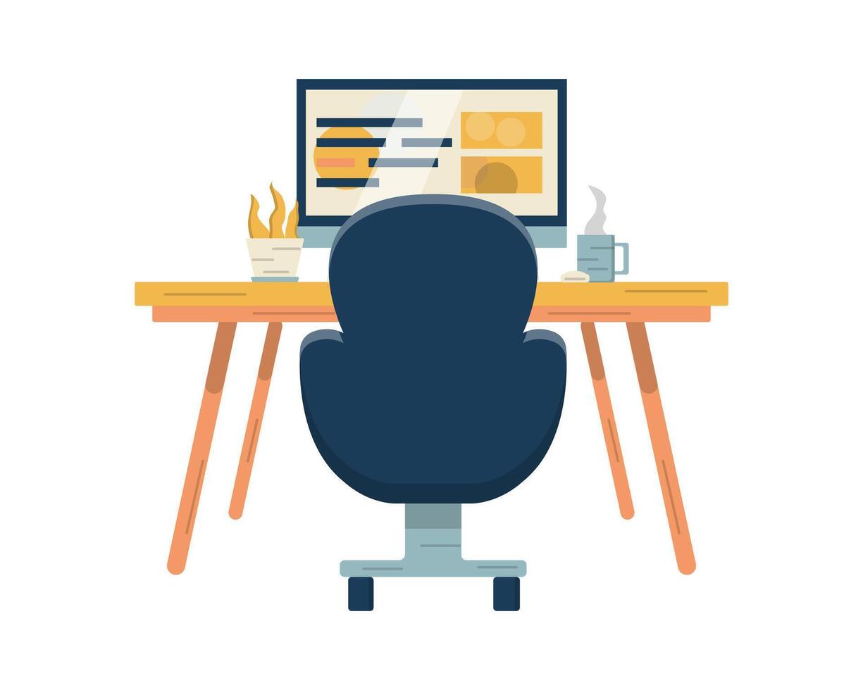 Workplace of a developer or designer. Website development. Monoblock, computer or monitor. Office chair and table. Indoor plant. Cup of coffee. Remote work. Website design layout. Vector illustration