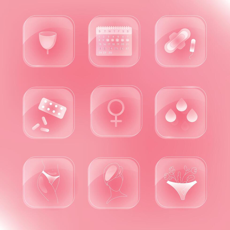 Woman Menstruation Cycle Icons Collection imitation glass.Feminine hygiene items, menstrual cup,pads,calendar,pills,silhouette of a womans face and body . Signs and symbols of feminine care.Vector vector
