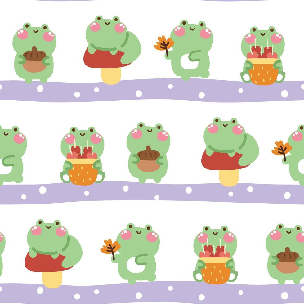 Seamless pattern of cute frog on line white background.Jungle concept.Mushroom,apple,acorn,leaf.Reptile animal character cartoon design.Image for card,poster,baby clothing.Kawaii.Vector.Illustration. vector