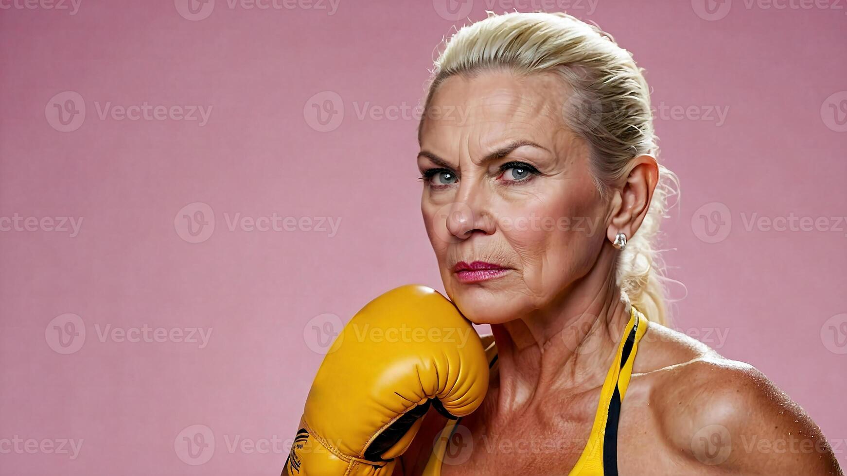 AI generated Sexy senior mature woman wearing boxing gloves ready to fight photo