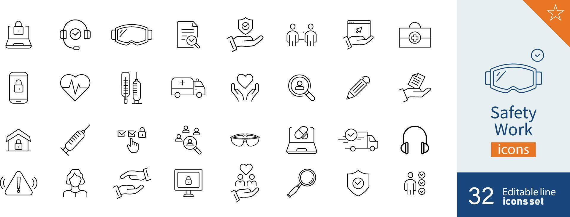 Set of 32 Safety Work web icons in line style. Helmet, industry, protection, icon safety, symbol. Vector illustration.