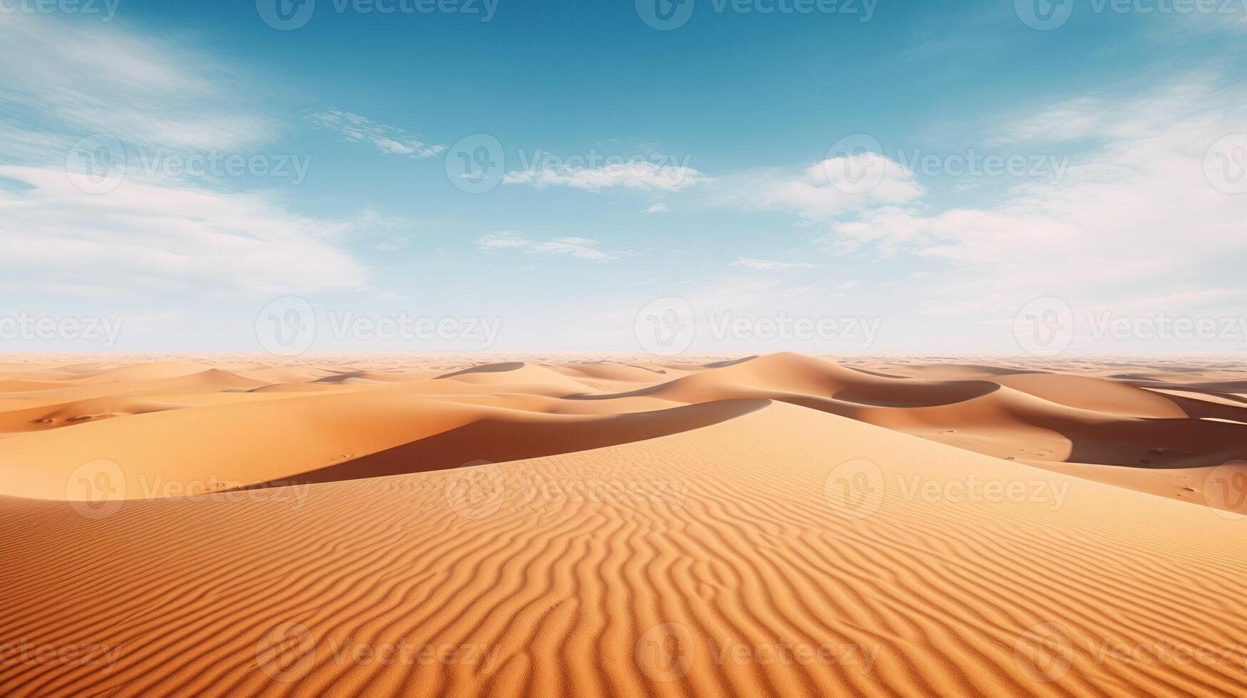 AI generated Beautiful Arabian desert with warm colors.Golden Sand Dune Desert Landscape Panorama. Beautiful over the sand dunes in the Arabian,touched by the golden rays of the setting sun. photo